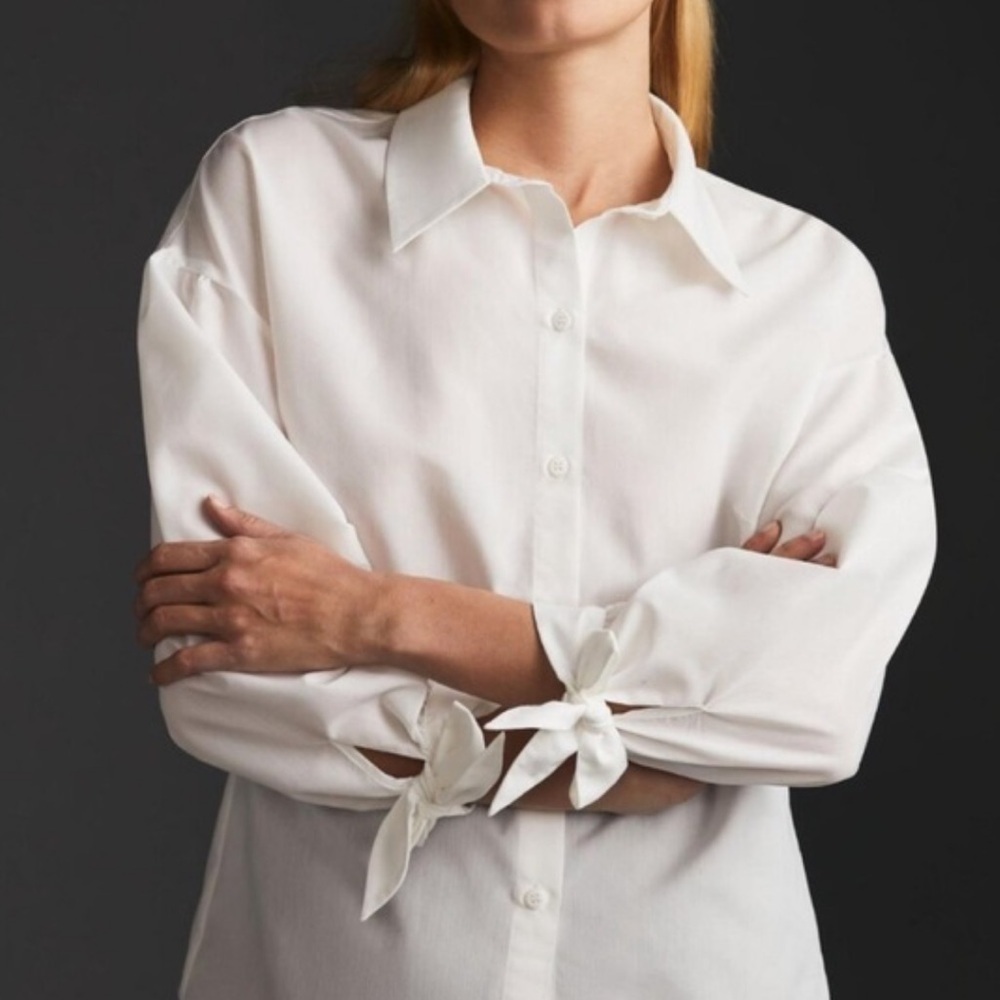 MARE MARE X ANTHROPOLOGIE WHIITE BLOUSE COTTON POLY TIE SLEEVES SIZE M